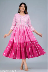 Pink cotton lurex ombre dyed flared tiered dress, hand-worked yoke on three-quarter sleeves, round neck, hand wash separately